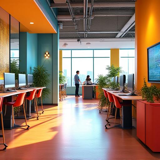 Interior de una oficina moderna y colorida con mobiliario divertido