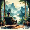 Persona relajada en un sillón con un paisaje pacífico, cero estrés